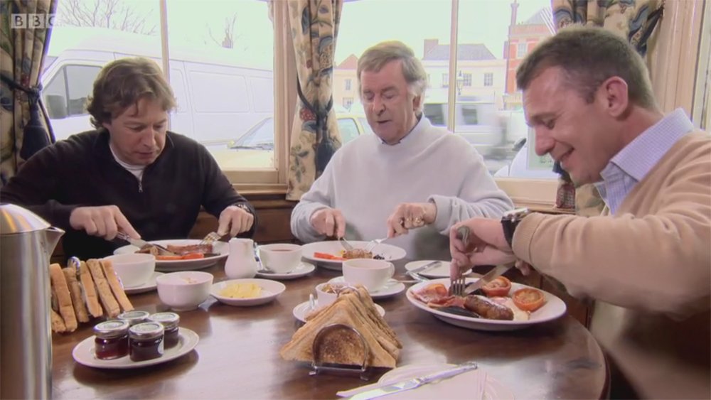 Terry Wogan eating a full English breakfast,